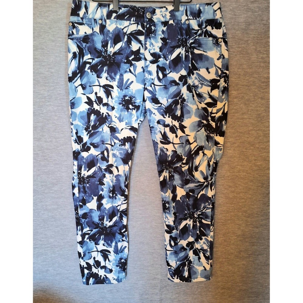 Chicos Platinum Denim Ankle Pants Jeans Floral Straight Leg Spring Womens Large